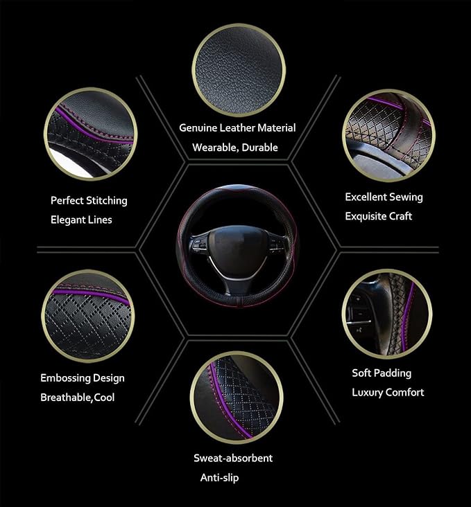 Gomass Car Steering Wheel Cover, Anti-Slip, Safety, Soft, Breathable, Heavy Duty, Thick, Full Surround, Sports Style (Black with Purple line)