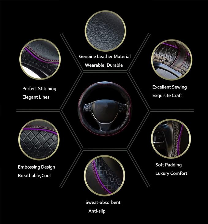 ESEWALAS Universal Car Steering Wheel Cover,Anti-Slip Leather Steering Wheel Cover,Sports Style Steering Wheel Protector,Car Interior Accessories Auto Steering Wheel Covers (Black with Purple)