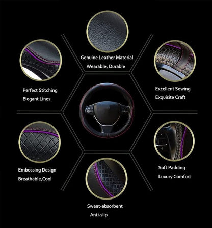 ESEWALAS Universal Car Steering Wheel Cover,Anti-Slip Leather Steering Wheel Cover,Sports Style Steering Wheel Protector,Car Interior Accessories Auto Steering Wheel Covers (Black with Purple)