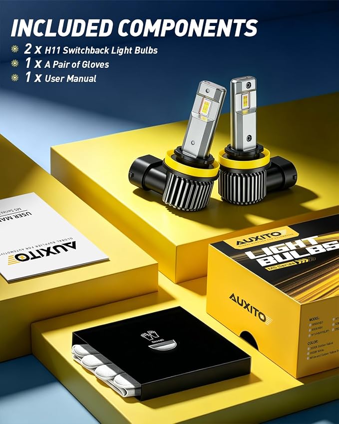AUXITO H11 Switchback LED Bulbs, 80000LM 6500K White 3000K Yellow Dual Color H11 LED Bulb, 1:1 Mini Wireless Fog Light Bulbs, Fanless Copper Tube Cooling, No Beam Shift