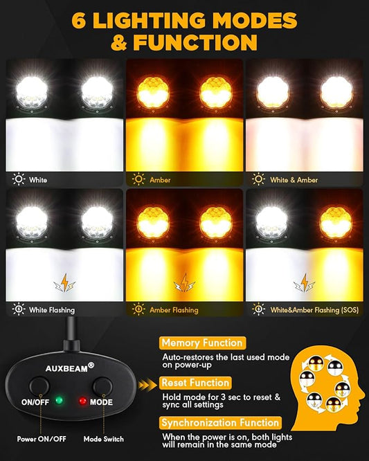Auxbeam 4 Inch Round Offroad Light, 90W LED Amber White Spot Strobe Light Pods with 6 Modes, Dual Color Flashing Driving Fog Lights Bar Plug & Play for Truck, Pickup, SUV, ATV, UTV, 4x4, Jeep