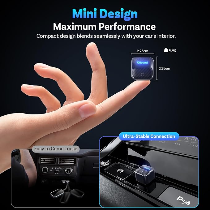 OTTOCAST Mini Core 2-in-1 Wireless CarPlay & Android Auto Adapter Mini Cube | With Smart Switch Button, 5S Auto-Connect, Dual Wi-Fi, Bluetooth 5.4, Plug & Play, for 98% Factory Wired Cars