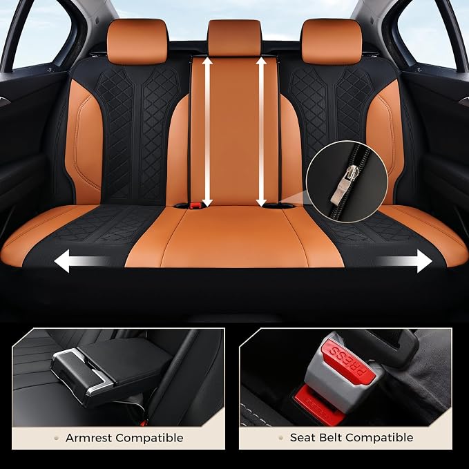Coverado Seat Covers Full Set, Brown Car Seat Covers, PU Leather & Breathable Mesh Seat Protectors, 5-Piece Automotive Seat Covers, Universal Fit for SUVs, Trucks, Sedans
