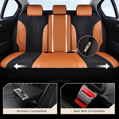 Coverado Seat Covers Full Set, Brown Car Seat Covers, PU Leather & Breathable Mesh Seat Protectors, 5-Piece Automotive Seat Covers, Universal Fit for SUVs, Trucks, Sedans