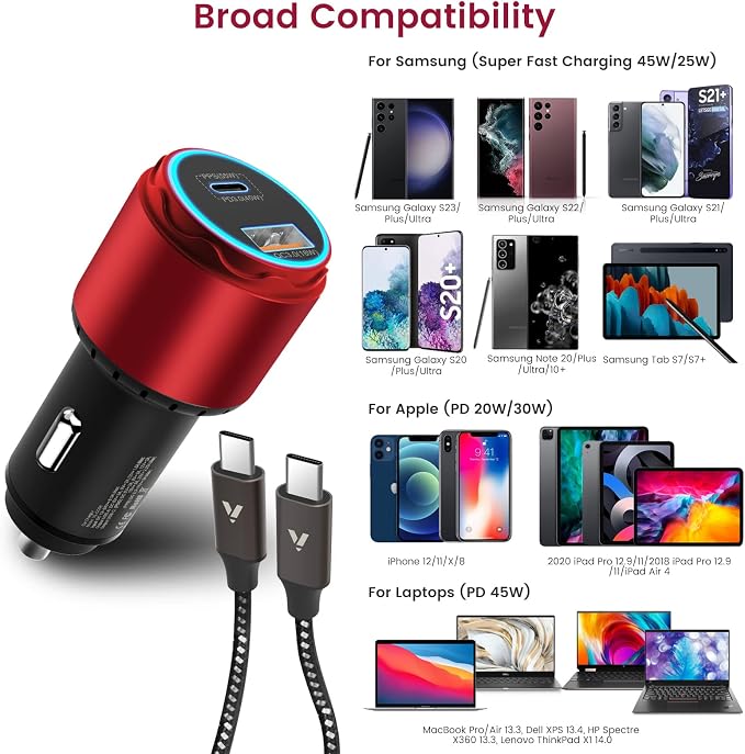 VELOGK Super Fast Type C Car Charger [73W Turbo], Fast Adaptive 55W 45W PPS/PD&QC3.0 USB C Car Adapter[Super Fast Charging 2.0]for Samsung S26/S25 Ultra/S24 Ultra/S23 Ultra/S22+/S21/S20, iPad Pro(Red)