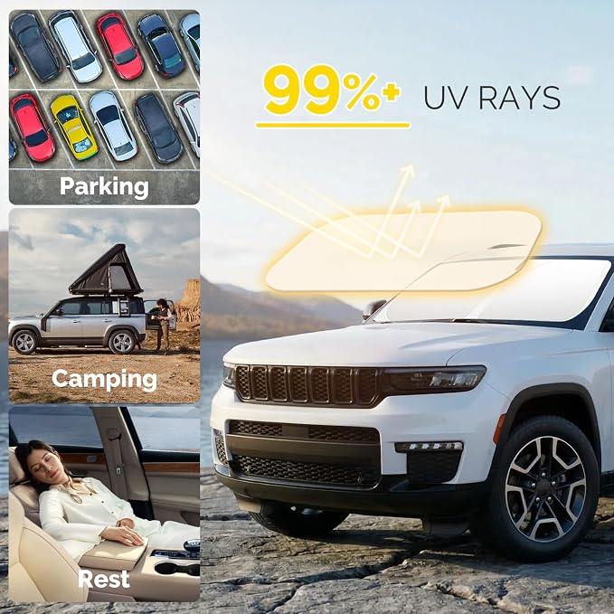 Car Windshield Sun Shade for 2014-2025 2026 Jeep Cherokee Sun Shade for Trailhawk Overland Limited Latitude Altitude Accessories Front Window Sunshade Sun Visor Windshield Cover UV Block
