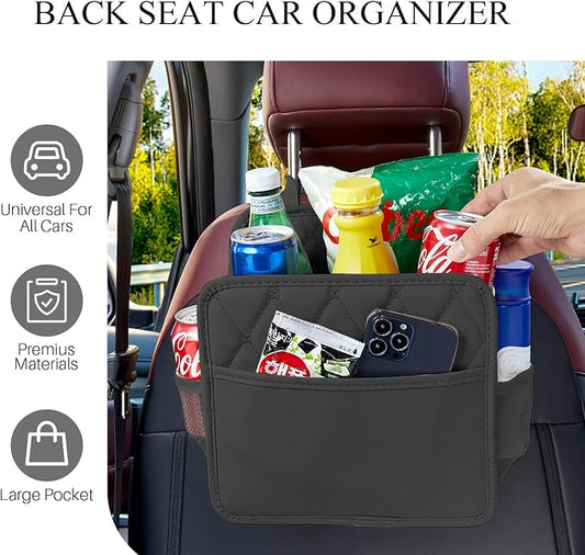 Car Seat Organizer, Backseat Car Organizer, Leather Waterproof Car Back Seat Organizer with Cup Holder Over the Car Seat & Headrest Organizer Backseat Hanging Car Seat Holder Bags