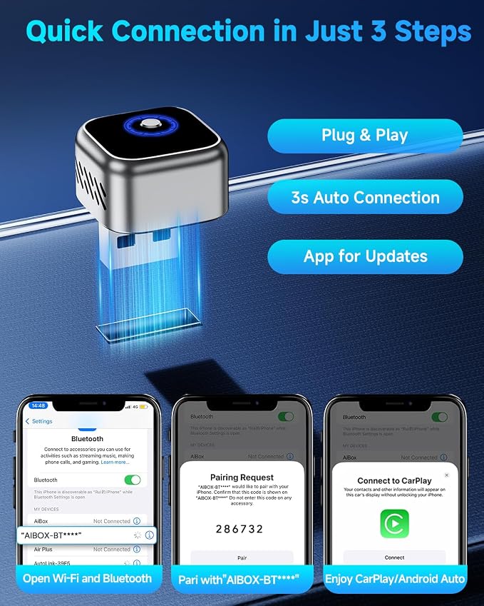 Mini Blue Wireless CarPlay Dongle 2026 Edition, Discreet & Portable Adapter for iPhone iOS 12+ & Android 11+, Instant Wireless Upgrade for Your Car