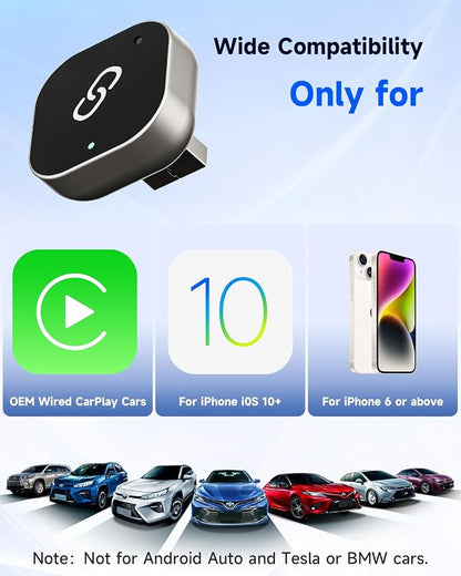 Wireless CarPlay Adapter – 2025 Upgraded Mini Design, Fast Pairing, Stable Connection, USB & Type-C Extension Cable Included, Compatible with iOS 10+