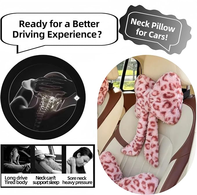 Car Neck Pillow 2PCS Plush Bowknot Car Headrest Pillow – Comfortable Neck Support for Driving Soft Touch Fabric Car Pillow Cute Interior Decor (Pink Leopard)