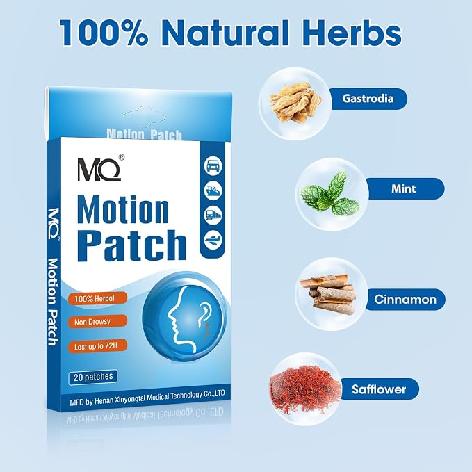 MQ Motion Sickness Patch,20 Count,Non Drowsy Sea Sickness Patches Behind Ear for Cruise Ship Travel, Waterproof Car Sick Patches Fast Acting & Long Last 72H