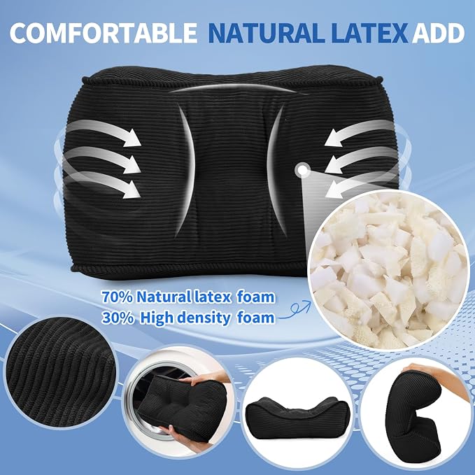 Lumbar Support Pillow for Office Chairs, Bite-Size Natural Latex Foam Back Support Pillow for Lower Back Pain Relief, Soft & Support Corduroy Desk Chair Cushion, M, Black