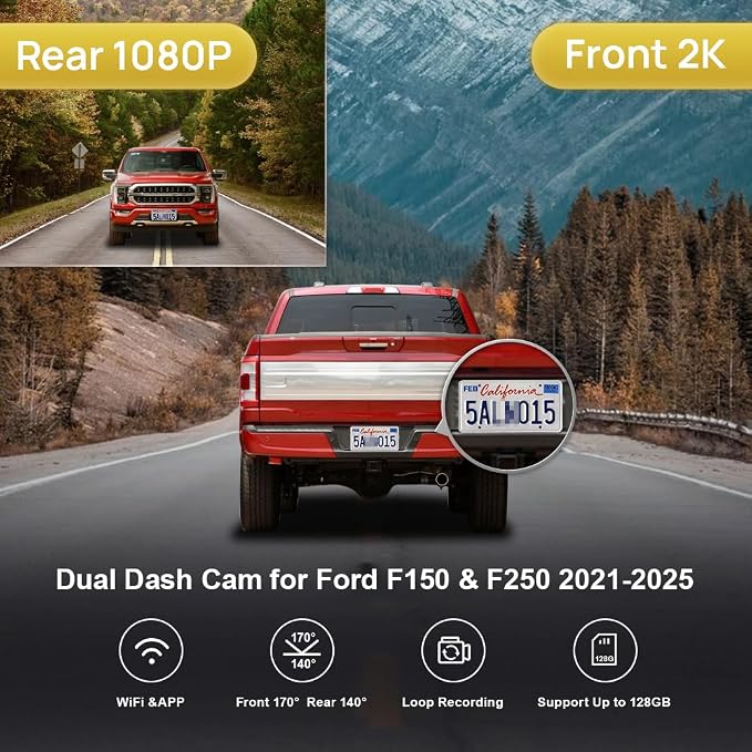 Fitcamx Front 2K Rear 1080P Dash Cam for 2021-2025 Ford F150 F250 Limited XLT XL Raptor Lariat Platinum King Ranch Tremor, OEM Look, Dual HD Video, Loop Recording WiFi, G-Sensor, Easy to Use, 64GB