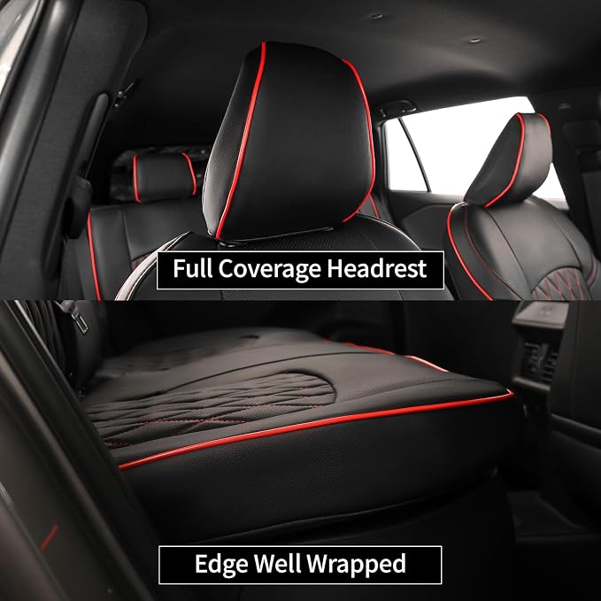 EKR Rav4 Seat Covers Custom Fit for Toyota Rav4 (Hybrid) SE/XSE & (PHEV) GR Sport 2026, Car Seat Cover Full Set for SUV,Factory-Style Upgrade, Easy-Wipe Protection,Faux Leather(Black with Red Piping)