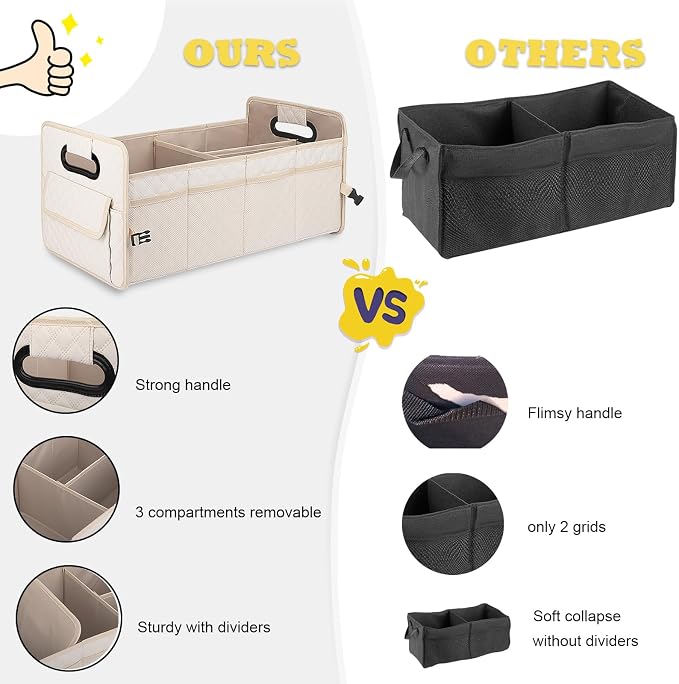 JiatuA Car Trunk Organizer for SUV, Car Storage Organizer Collapsible Multi Compartment Container Box, Adjustable Car Accessories for Women/Men, Large Beige