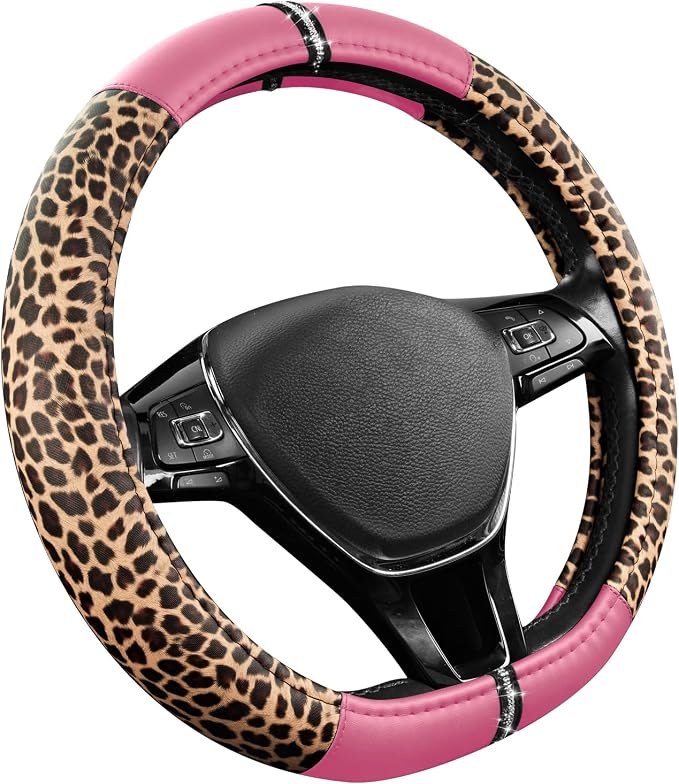 Road Comforts Leopard Steering Wheel Cover for Women, Cute Anti-Slip Microfiber Leather, Fits D Shape Flat Bottom Steering Wheel 14.5-15 Inch - Pink