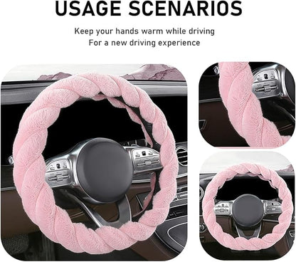KVAEY Fluffy Car Steering Wheel Cover, 15 Inches Anti-Slip Round Fuzzy Winter Steering Wheel Protector, Soft Warm Plush Steering Wheel Cover for Women Girls, Car Accessories (Pink, D-Shaped)