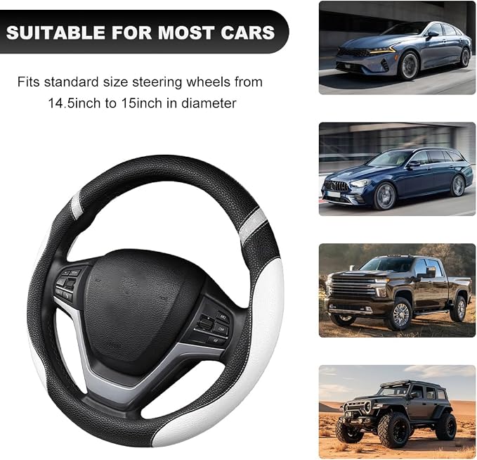 Car Steering Wheel Cover, 15 Inch Premium Leather Breathable Non-Slip Wheels Wrap, Universal Auto Comfortable Steering Wheel Protector for SUV Truck Van, Car Accessories (White)