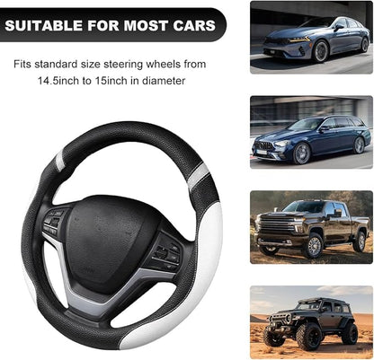 Car Steering Wheel Cover, 15 Inch Premium Leather Breathable Non-Slip Wheels Wrap, Universal Auto Comfortable Steering Wheel Protector for SUV Truck Van, Car Accessories (White)