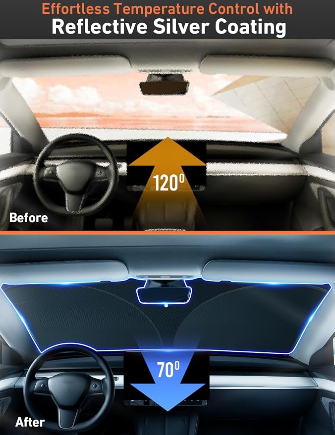 EcoNour Windshield Sun Shade Compatible for Tesla Model 3 & Model Y Juniper 2017-2024 2025 2026, Sun Visor for EV Front Window Sunshade, Foldable Heat & UV Protector, Car Accessories