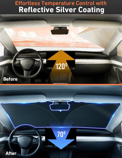 EcoNour Windshield Sun Shade Compatible for Tesla Model 3 & Model Y Juniper 2017-2024 2025 2026, Sun Visor for EV Front Window Sunshade, Foldable Heat & UV Protector, Car Accessories