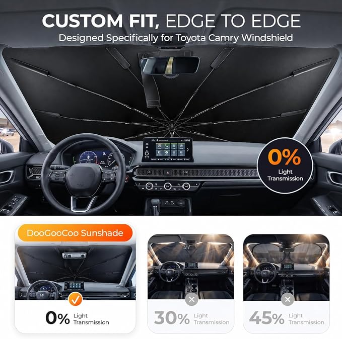 [2026 Upgraded] DooGooCoo Windshield Sun Shade Umbrella for Toyota Camry 2018-2025 2026 [100% Sunlight Blocked, Cooling Ice Crystal] Sunshade for Car Windshield for Camry Sun Shade, Custom Fit Camry