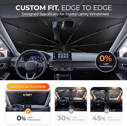 [2026 Upgraded] DooGooCoo Windshield Sun Shade Umbrella for Toyota Camry 2018-2025 2026 [100% Sunlight Blocked, Cooling Ice Crystal] Sunshade for Car Windshield for Camry Sun Shade, Custom Fit Camry