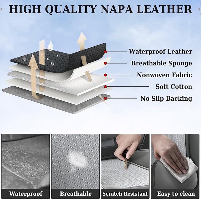 Coverado Car Seat Covers Full Set, Gray Seat Covers for Cars, Waterproof Nappa Leather Automotive Seat Covers with Lumbar Head Pillow, Car Seat Protectors, Universal Fit for Most Cars SUV