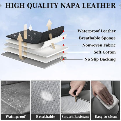 Coverado Car Seat Covers Full Set, Gray Seat Covers for Cars, Waterproof Nappa Leather Automotive Seat Covers with Lumbar Head Pillow, Car Seat Protectors, Universal Fit for Most Cars SUV