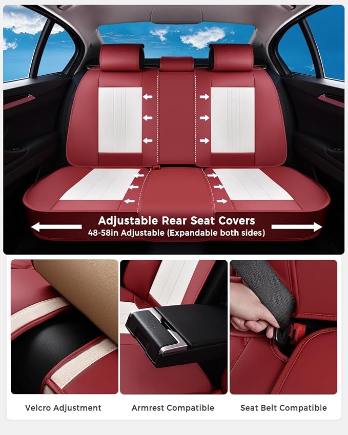Huidasource Car Seat Cover, Luxury Faux Leather Seat Covers for Cars, Velcro Adjustable, with Airbags, Child Seat, Perforation Cooling＆Heating, Universal Fit for Most Cars Vans Trucks SUVs, Red＆White