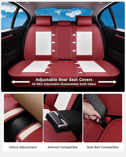 Huidasource Car Seat Cover, Luxury Faux Leather Seat Covers for Cars, Velcro Adjustable, with Airbags, Child Seat, Perforation Cooling＆Heating, Universal Fit for Most Cars Vans Trucks SUVs, Red＆White