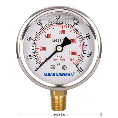 MEASUREMAN Lead-Free Pressure Gauge, 2-1/2inch Dial, Glycerin Filled, 0-160psi/kpa, Stainless Steel Case, 1/4inchNPT Lower Mount