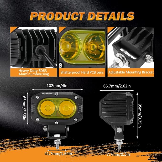 Auxbeam 4 Inch LED Amber Pod Light, 60W Driving Yellow Flood Beam Square Pod Fog Lights with DT Wiring Harness for Motorbike SUV ATV Truck Jeep Boat Tractor Forklift (2 Pcs)