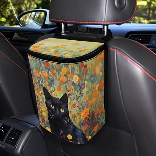 Talayituse Cat Flower Print Car Trash Can with Lid, Leak Proof Auto Trash Bag Hanging Vehicle Garbage Can Multipurpose Storage Container for Back Seat Road Trip