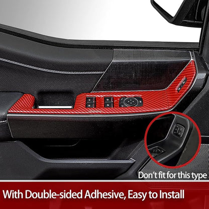 GZXinWei Interior Upgrade Accessories Door Armrest Window Control Switch Panel Trim Cover Sticker for 2021 2022 2023 2024 2025 2026 Ford F150 Red Carbon Fiber Grain