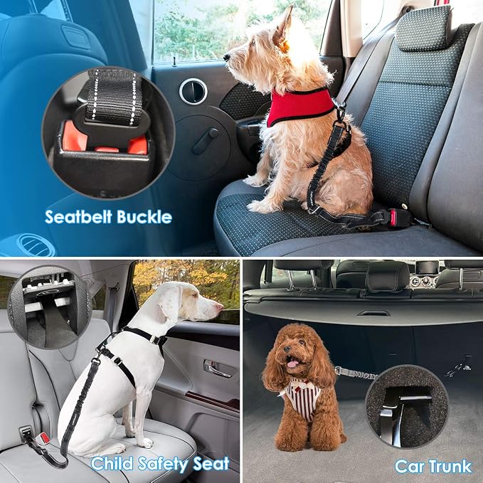 URPOWER 3-in-1 Dog Seat Belt for Car, 2 Pack Adjustable Bungee Dog Car Harness with Seatbelt Buckle & Latch Hook, Reflective & 360° Swivel Heavy Duty Pet Safety Belts for Dogs and Cats
