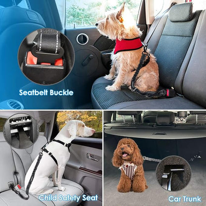 URPOWER 3-in-1 Dog Seat Belt for Car, 2 Pack Adjustable Bungee Dog Car Harness with Seatbelt Buckle & Latch Hook, Reflective & 360° Swivel Heavy Duty Pet Safety Belts for Dogs and Cats