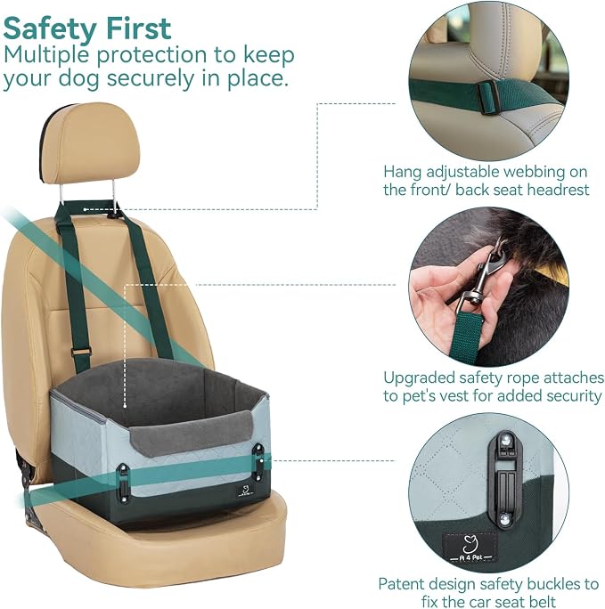 A 4 Pet Dog Car Seats for Small Dogs Under 25lbs – Safety Travel Booster Seat with Patent Buckles, Adjustable Leash – Reduces Anxiety & Road Trips – Frame Support for Cars, SUV, Pickup