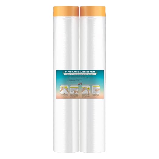 LLPT Pre-Taped Masking Film, 157.5" Unfolded x 66Ft, 0.27 Mil, 2 Pack | Static-Cling, Disposable, Solvent & Oil Resistant Bleed-Proof Low Tack No Residue for Auto Wall Furniture Painting Protection