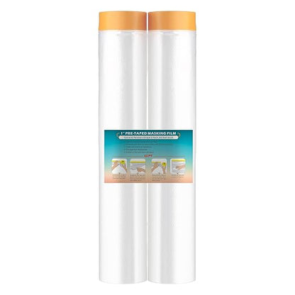 LLPT Pre-Taped Masking Film, 157.5" Unfolded x 66Ft, 0.27 Mil, 2 Pack | Static-Cling, Disposable, Solvent & Oil Resistant Bleed-Proof Low Tack No Residue for Auto Wall Furniture Painting Protection