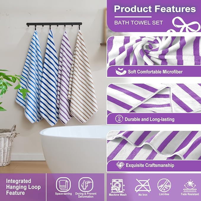 JML Microfiber Beach Towels, 6 Pack, 27" x 55", Large Bath Towel Set for Adult- Cabana Stripe - Absorbent, Quick Drying Lint-Free, No Fading for Summer Party, Pool, Sport, Yoga, Swimming, Purple