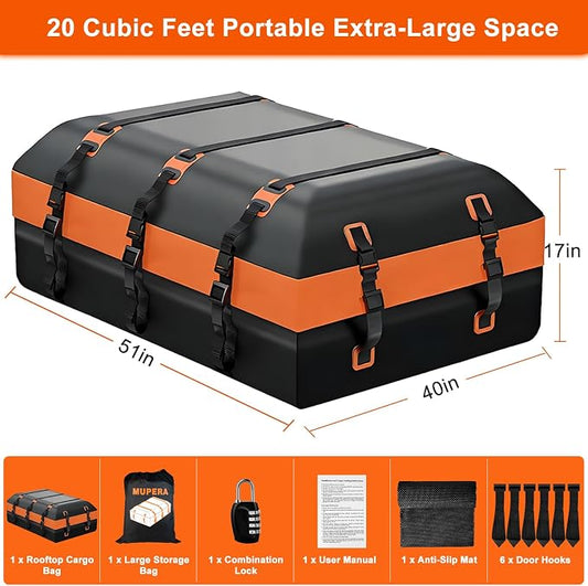 Mupera 20 Cubic Feet Waterproof Rooftop Cargo Carrier - Upgraded Anti-Slip Mat, Combination Lock & Storage Bag for Cars SUVs with/Without Roof Rack