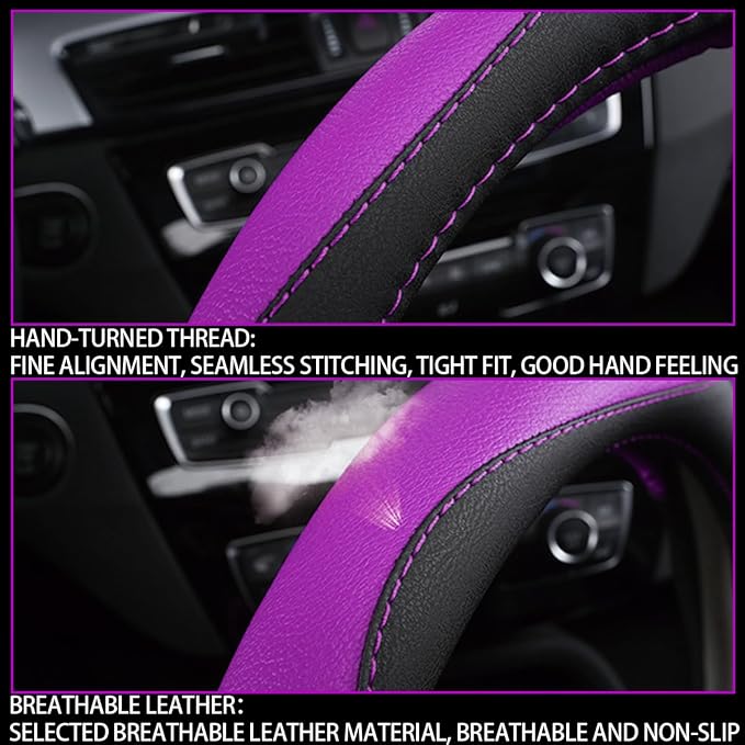 BESULEN Car Steering Wheel Cover, Soft Leather Steering Wheel Protector, Universal Non-Slip Steering Wheel Covers, Comfortable Grip Sweat-Absorbent, Automotive Interior Accessories