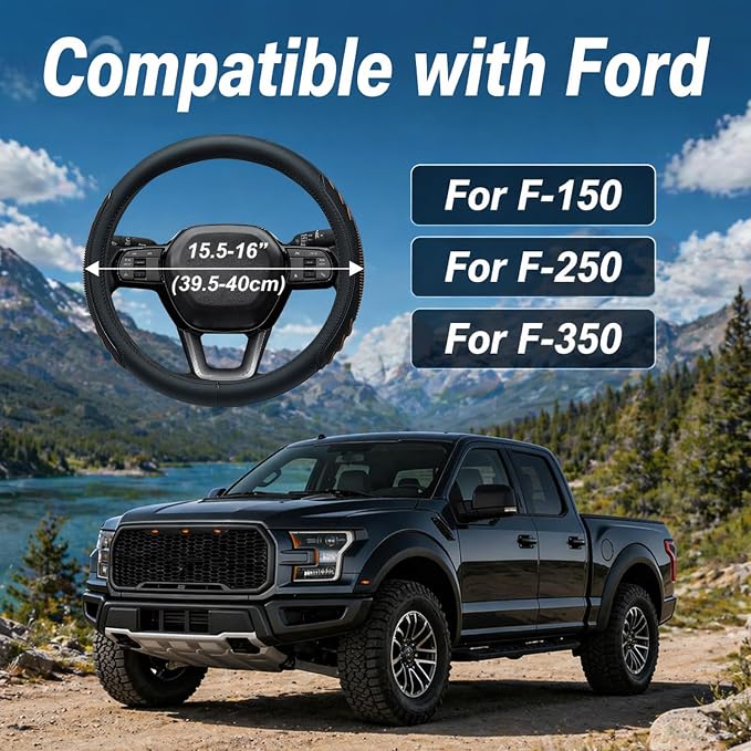 Yangday Leather Steering Wheel Cover for Ford F150 F250 F350, 15.5-16 inches Car Steering Wheel Cover with Anti-Slip Massage Particle (Brown)