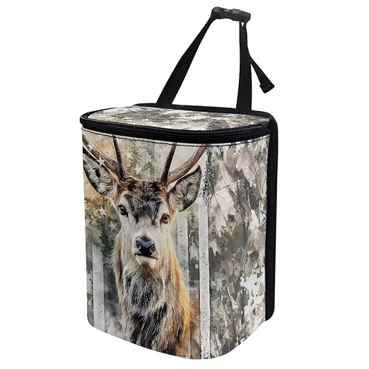 Talayituse Hunting Camo Elk American Flag Print Car Trash Can with Lid, Leak Proof Auto Trash Bag Hanging Vehicle Garbage Can Multipurpose Storage Container for Back Seat Road Trip