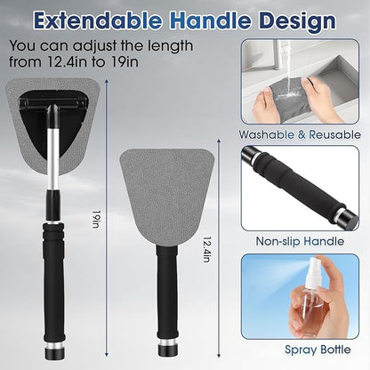 Gray Windshield Cleaner Tool, Car Interior Cleaning Kit with Extendable Handle and 3 Reusable Microfiber Pads, Auto Glass Wiper and Detailing Brush Kit for Car & Home Window