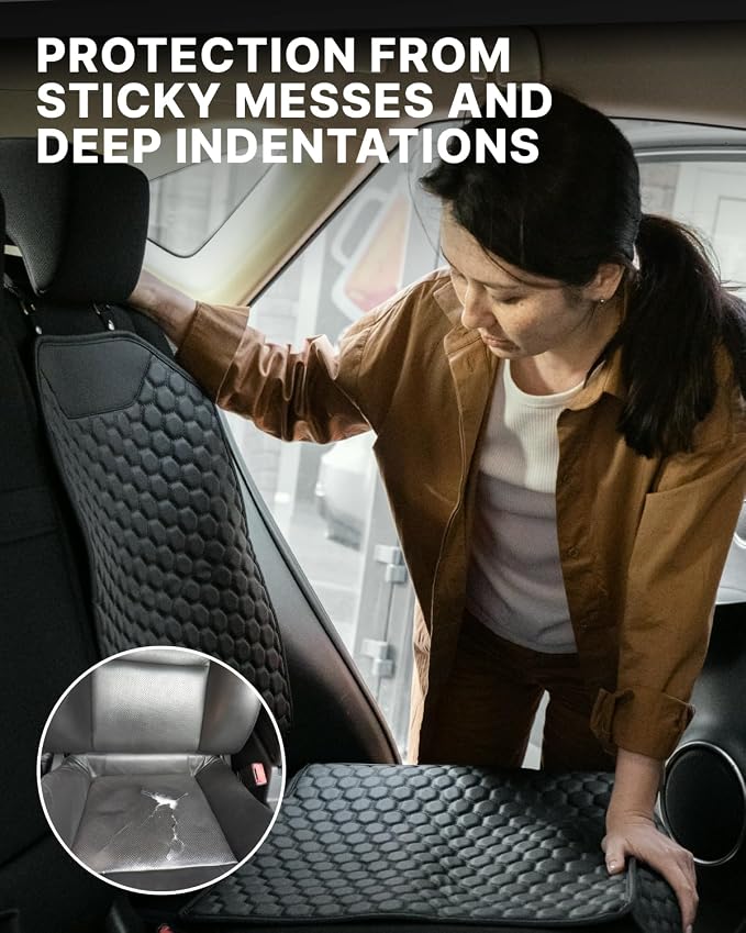 Owleys Set Seat Back Organizer & Car Seat Protector Hexy Waterproof & Non-Slip Protector for Child Car Cushion for Leather and Fabric Seats (Black Set 1)