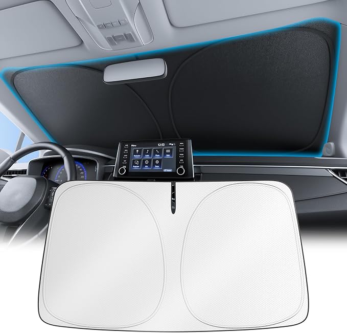 Wigoo 2026 Upgrade Universal Car Windshield Sun Shade [100% Light Block, Durable 210D Oxford] Foldable Heat Insulation Interior Sun Visor to Keep Interior Cool with Storage Bag, S2(59"x33")