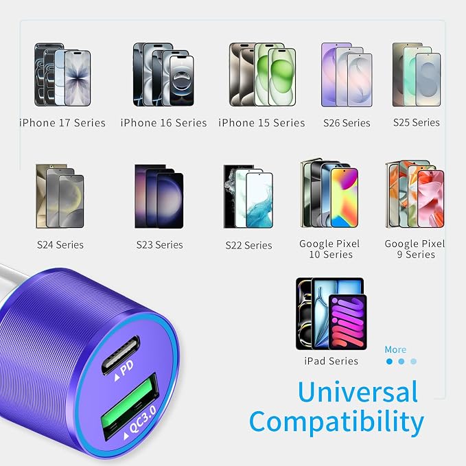 67.5W Purple Car Charger USB C Super Fast Charging, 45W USBC&QC3.0 Port Plug for iPhone 17 Pro Max/Air/16/15/iPad, Samsung S26 Android Cell Phone, Dual 12V Cigarette Lighter Adapter+3.3ft Type C Cable