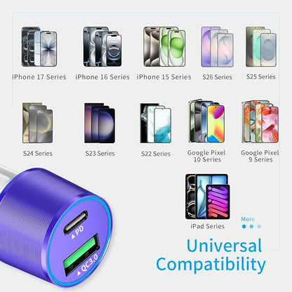 67.5W Purple Car Charger USB C Super Fast Charging, 45W USBC&QC3.0 Port Plug for iPhone 17 Pro Max/Air/16/15/iPad, Samsung S26 Android Cell Phone, Dual 12V Cigarette Lighter Adapter+3.3ft Type C Cable